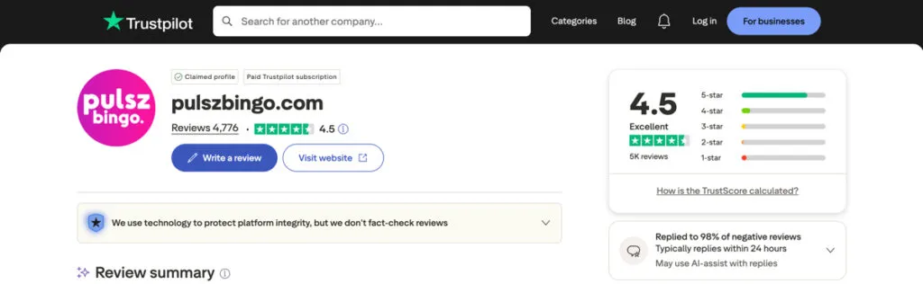 Pulsz Bingo reviews on Trustpilot with overall score and recent feedback