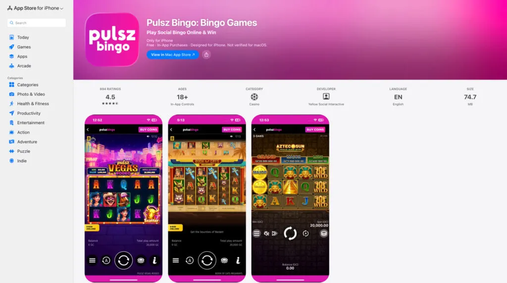 Pulsz Bingo iOS app listing in the App Store showing ratings and preview screenshots
