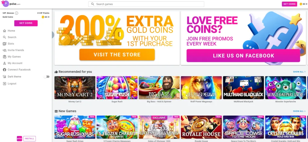 Pulsz Casino lobby showing popular games, bonus offers, and easy navigation for exploring slots, jackpots, and more