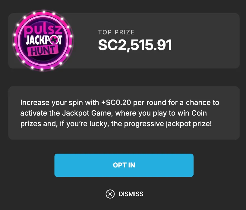 Pulsz Jackpot Hunt opt-in option showing 0.20 SC per spin