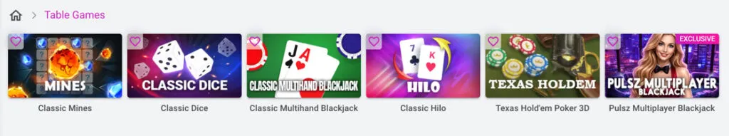 Pulsz Bingo table games section showing blackjack, poker, and other games