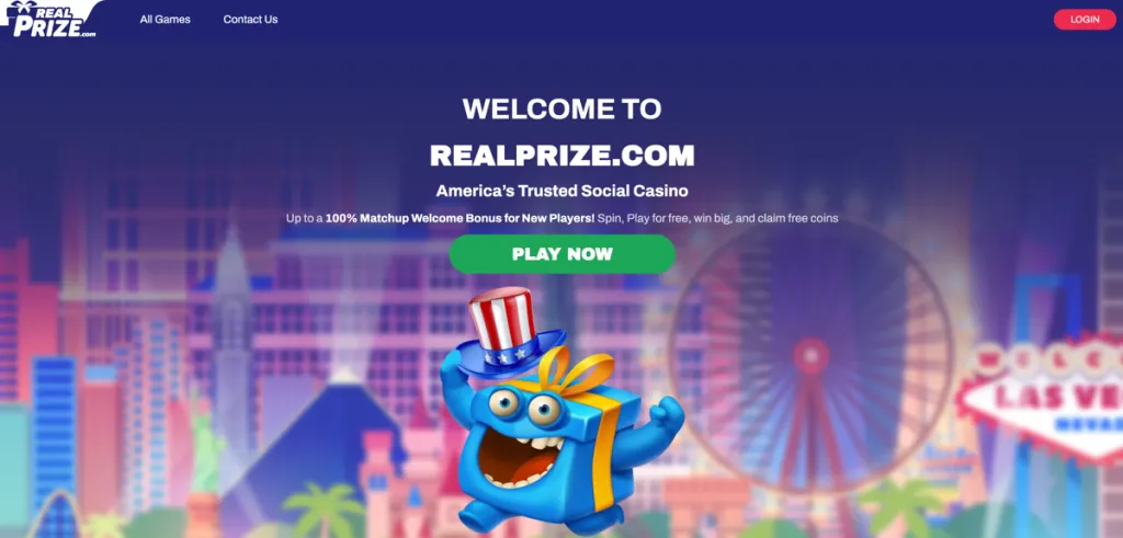 RealPrize Casino homepage on desktop, highlighting its trusted brand and generous no-deposit bonus for new players