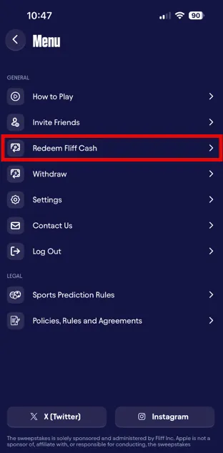 Fliff app menu showing the Redeem Fliff Cash option outlined in red