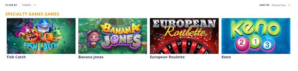 Sunrise Slots specialty games menu showing keno and fish shooting games