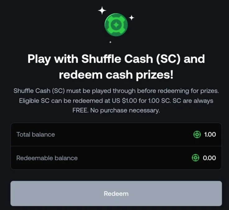 Shuffle Cash balance in Shuffle.us wallet showing redeemable SC