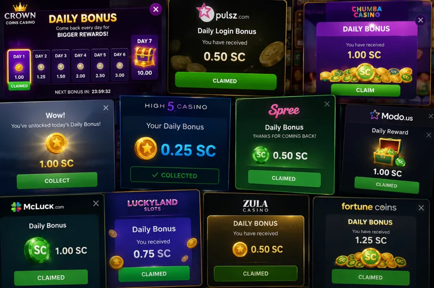 Collection of social casino daily SC bonus pop-up messages