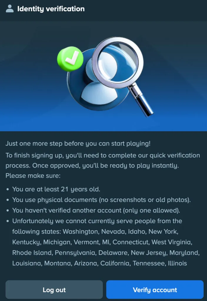 Example of social casino identity verification process before redeeming prizes