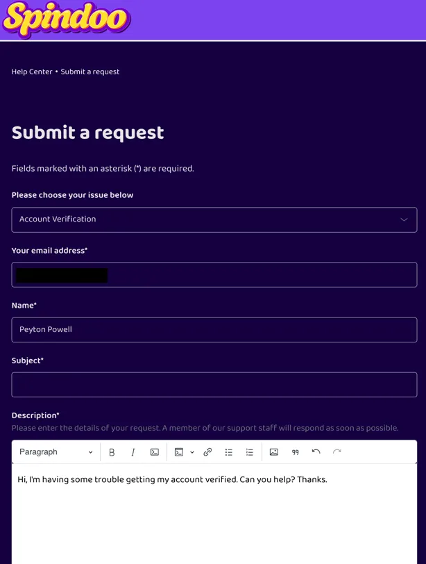 Spindoo customer support “Submit a Request” form example in the Help Center