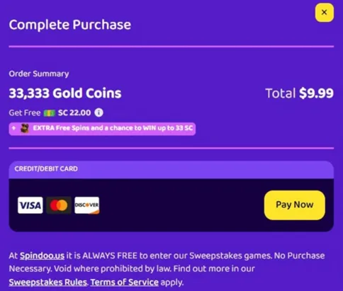 Spindoo Gold Coin purchase screen showing accepted payment methods