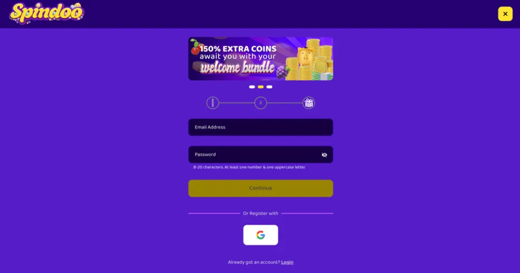 Spindoo account registration screen during the sign-up process