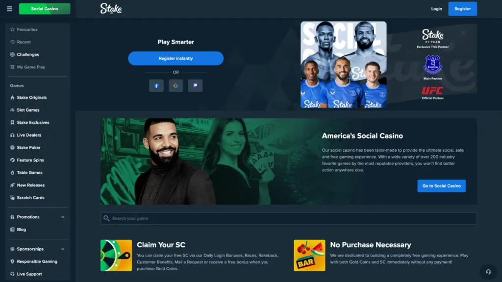 Homepage of Stake.us Casino showcasing free play options and rewards