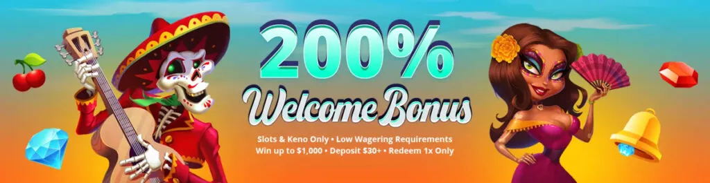Sunrise Slots 200% deposit match offer with promo code SUN200