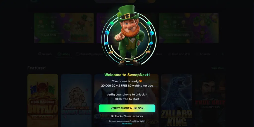 SweepNext no deposit bonus offering 20,000 GC and 2 Free SC after sign-up