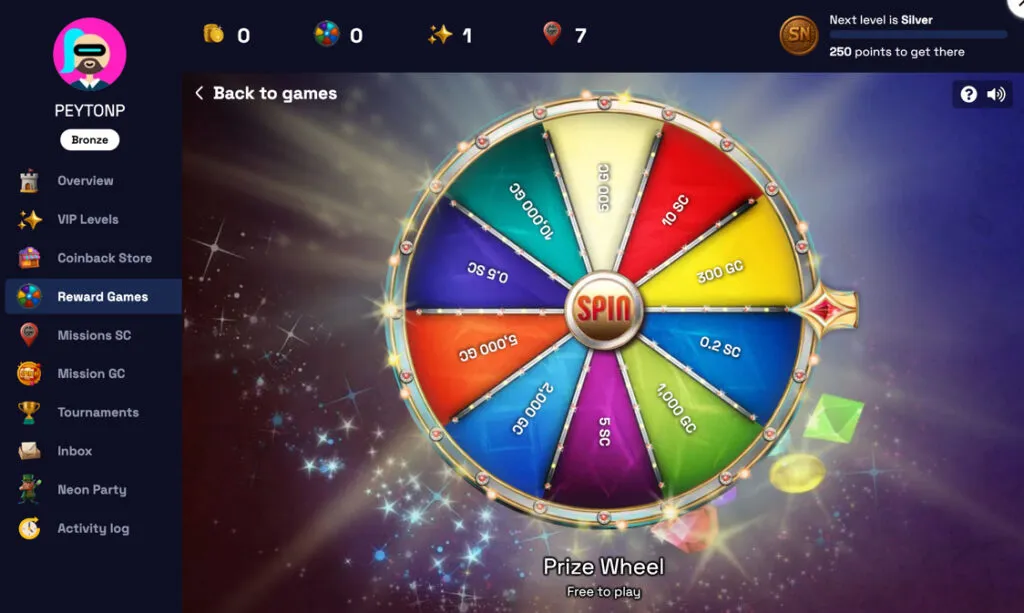 SweepNext Prize Wheel showing potential rewards including Gold Coins and Sweeps Coins