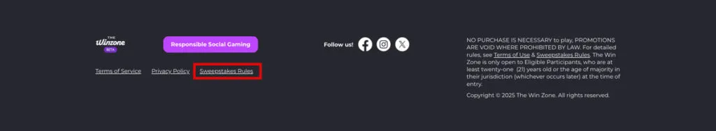 The Win Zone Casino footer with Sweepstakes Rules link shown