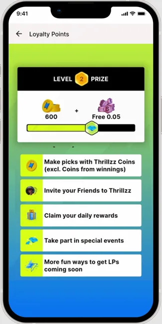 Thrillzz Loyalty Program showing how to earn loyalty points and rewards for leveling up