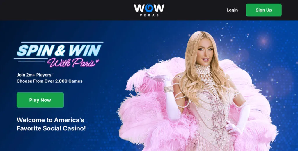 WOW Vegas homepage featuring Paris Hilton and key information about the social casino