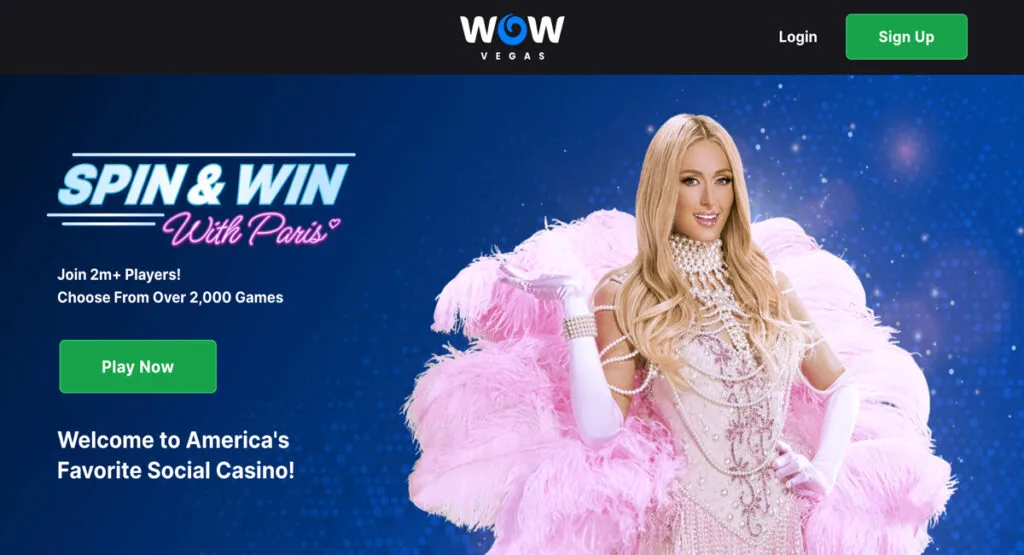 Homepage of WOW Vegas, a popular social casino in Washington DC