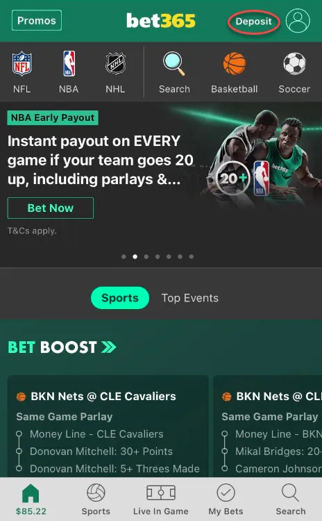 bet365 Sportsbook Deposit