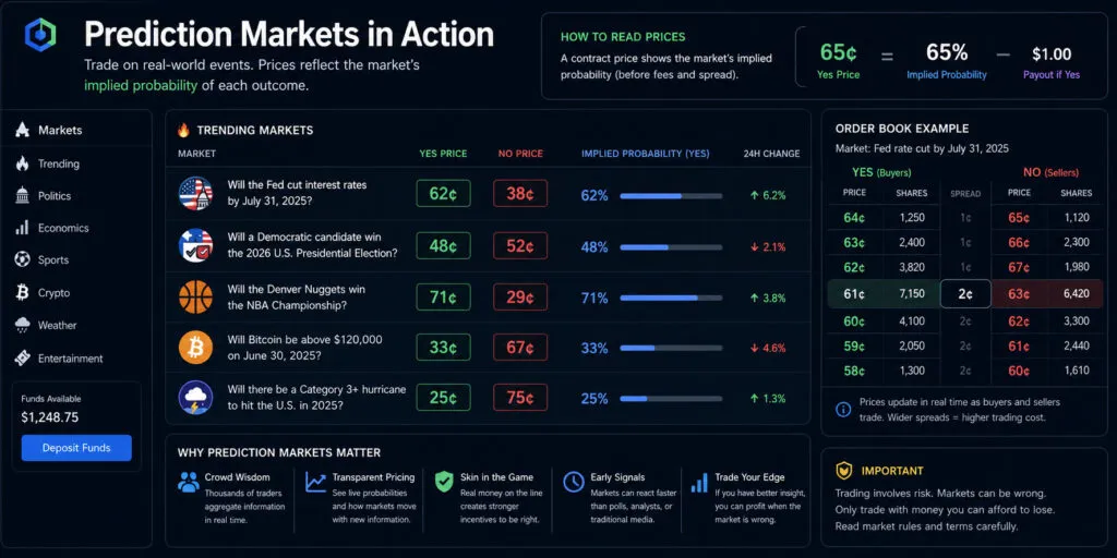 Dark prediction market dashboard showing Yes and No contract prices, implied probabilities, market categories, and an order book example.